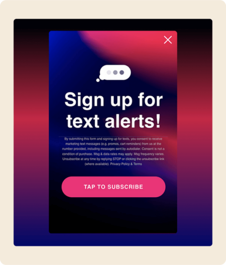 Ein Formular zum Registrieren für SMS-Benachrichtigungen mit Kleingedrucktem und einer Schaltfläche zum Abonnieren durch Antippen.